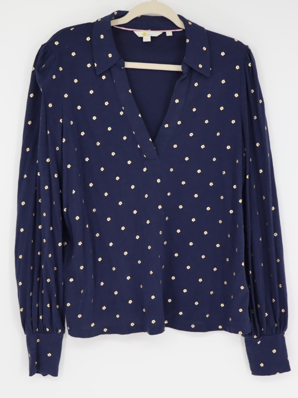Boden Women's Navy Gold Floral Shirt Top Size 10 Notched V Neckline Collared